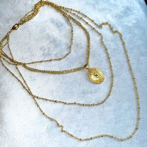 Jeweled Pave Medallion Multi Chain Charm Statement Pendant Necklace Goldtone